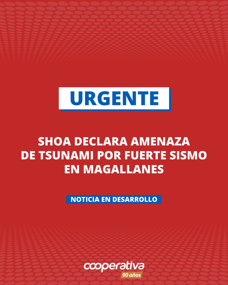 Cooperativa's tweet photo. 🔴 Un fuerte sismo, de 7,5 Richter, se registró a las 🕗 8:58 horas al sur de Puerto Williams, Región de Magallanes, en medio del Mar de Drake 🌊, por lo que el Servicio Hidrográfico y Oceanográfico de la Armada (SHOA) declaró "amenaza de tsunami" ⚠️🌊 en la zona #CooperativaContigo