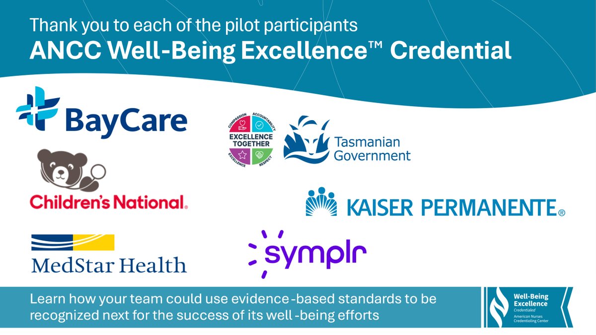 ANCC announces the inaugural recipients of the Well-Being Excellence™ Credential! These outstanding organizations were honored at the 3rd Annual MedStar Health National Nurse Wellbeing Conference in Baltimore held May 1–2.

Read the press release  bit.ly/42Xml70