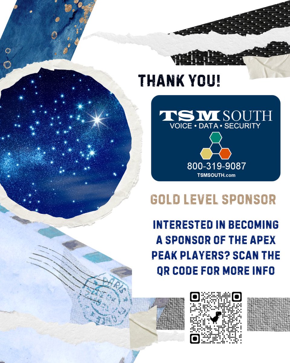 Apex Peak Players (@apexpeakplayers) on Twitter photo Thank you to our Gold Level Sponsor, TSM South! We are so grateful for the support of our community which allows us to continue producing great theatre 💙
Come see Lost Girl May 8-10! Tickets at seatyourself.biz/apex
<a href="/ApexHighSchool/">Apex High School</a> Thank you to our Gold Level Sponsor, TSM South! We are so grateful for the support of our community which allows us to continue producing great theatre 💙
Come see Lost Girl May 8-10! Tickets at seatyourself.biz/apex
<a href="/ApexHighSchool/">Apex High School</a>