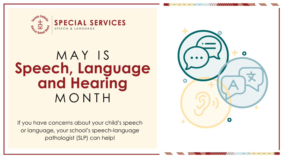 May is Speech, Language &amp; Hearing Month! 

At #TCDSB, families are encouraged to explore the many supports offered by our Speech &amp; Language Department to help every student thrive.

↪️ bit.ly/3mJrzSL
