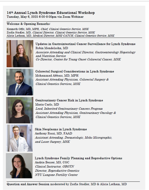 CGA-IGC (@cgaigc) on Twitter photo 📢The Clinical Genetics Service at <a href="/MSKCancerCenter/">Memorial Sloan Kettering Cancer Center</a> is hosting the 14th Annual #LynchSyndrome Educational Workshop & there is still time to register‼️
🗓️ Tues, May 6
⌚️6-8:30 PM
📍Register bit.ly/3EsxdBp
This is a FREE event for #patients & families with 📢The Clinical Genetics Service at <a href="/MSKCancerCenter/">Memorial Sloan Kettering Cancer Center</a> is hosting the 14th Annual #LynchSyndrome Educational Workshop & there is still time to register‼️
🗓️ Tues, May 6
⌚️6-8:30 PM
📍Register bit.ly/3EsxdBp
This is a FREE event for #patients & families with