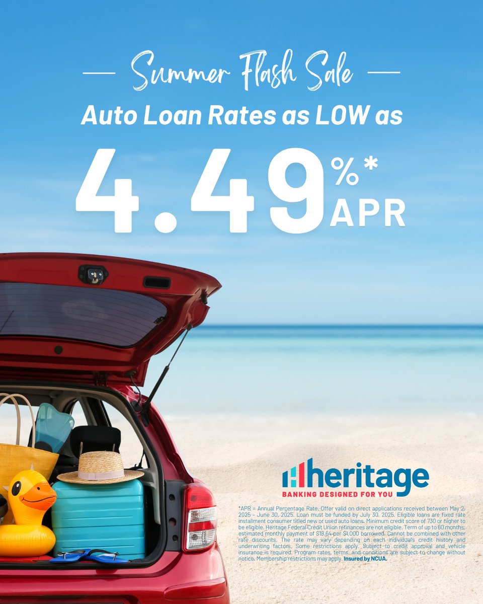 It's a Happy Friday to find out that we are launching a Summer Flash Sale on Auto Loans 🚗🤩 If you're dreaming of a new car, this one is for you! Check it out here bit.ly/3NsOueM 🔗 #Heritage #Auto #FlashSale
