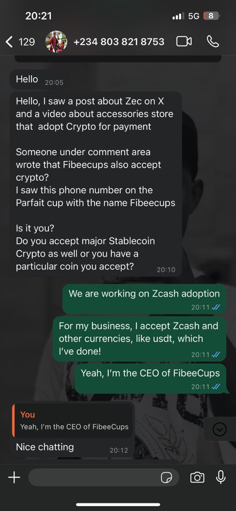 CJfrankie_13's tweet image. We’re global 🎉
So yesterday, I got this text from Mr. XYZ, who stumbled across my business on the @ZcashNigeria X account; He’d be visiting ABK soon and yeah, purchasing FibeeCups with crypto 😅
To the moon 🌙 @Zcash @ZecHub
#Crypto #ZEC #Privacyisnormal #Zcash