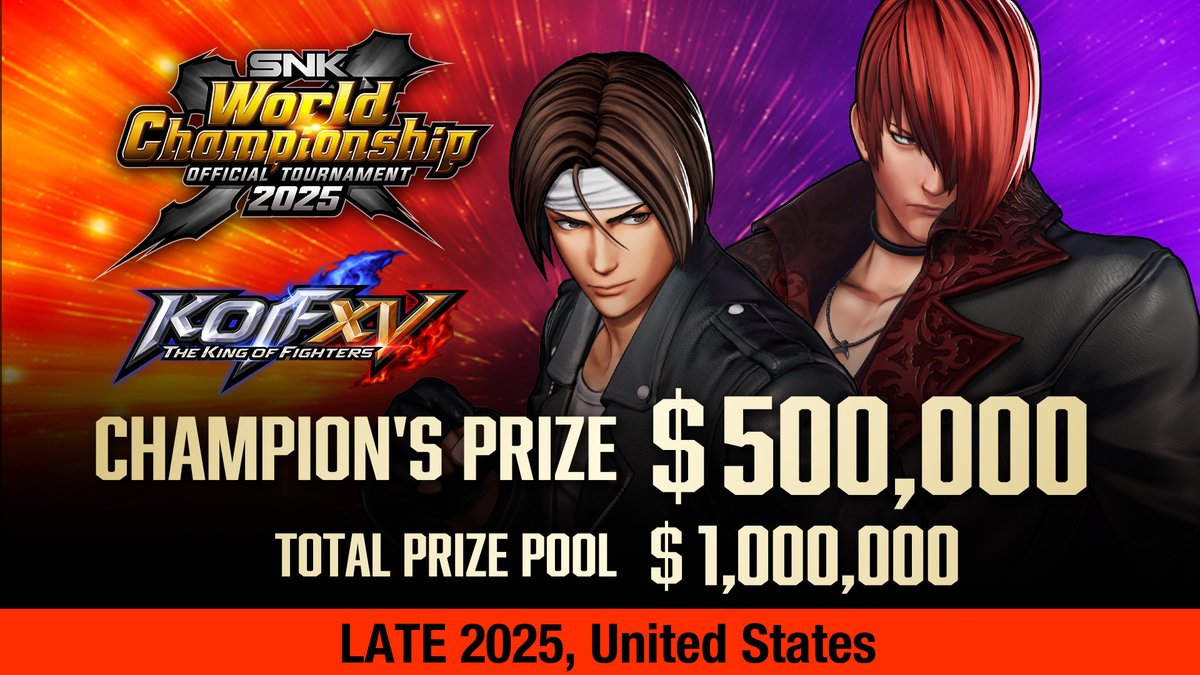 The total prize pool for KOF XV has been increased to $1,000,000 on #SWC2025, with the winner taking home $500,000.!

More information about prizing, qualifier schedules, and so on will be released soon. Don't miss this opportunity!

#KOFXV