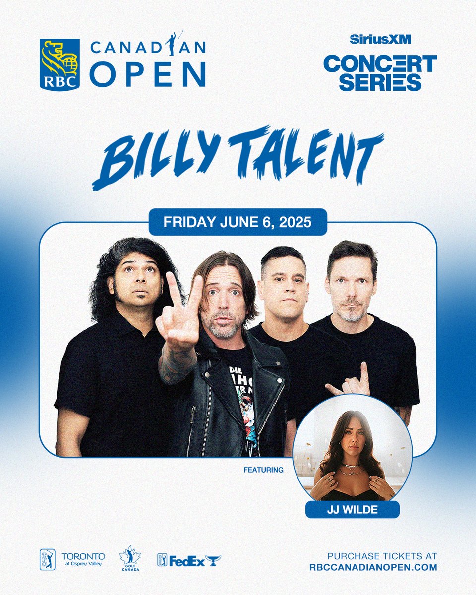 RBCCanadianOpen's tweet image. Get ready to rock out on the fairway 🎸🤘

See legendary Canadian rock band Billy Talent perform live on Friday, June 6 at the 2025 RBC Canadian Open.

🎟️: bit.ly/4hRYjQN