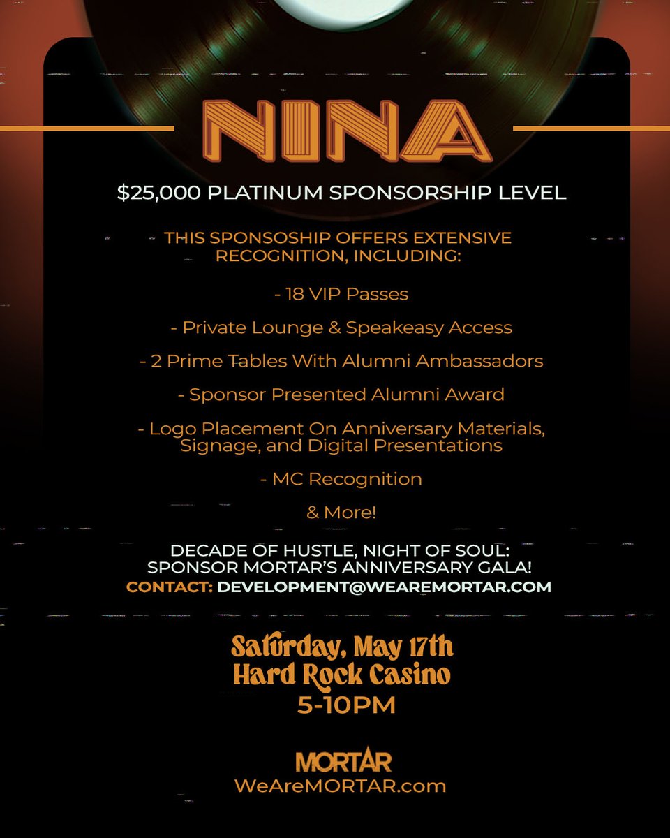 We still have a few sponsorship opportunities available! 
Swipe to learn more about our $25k "NINA" Platinum Level Sponsorship &amp; see how we can collaborate to align your brand with ours!
Email ➡️ development@wearemortar.com⁠ for more details.