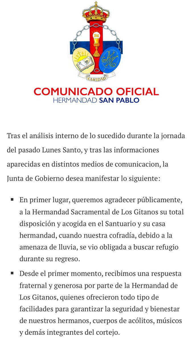traslospasos_'s tweet photo. #Actualidad | Comunicado de la @hdad_sanpablo con respecto a lo ocurrido en su estación de penitencia del Lunes Santo.
📲 #AlCompasDeSevilla #TDSCofrade #SSantaSevilla25 https://t.co/ot778HDgRj