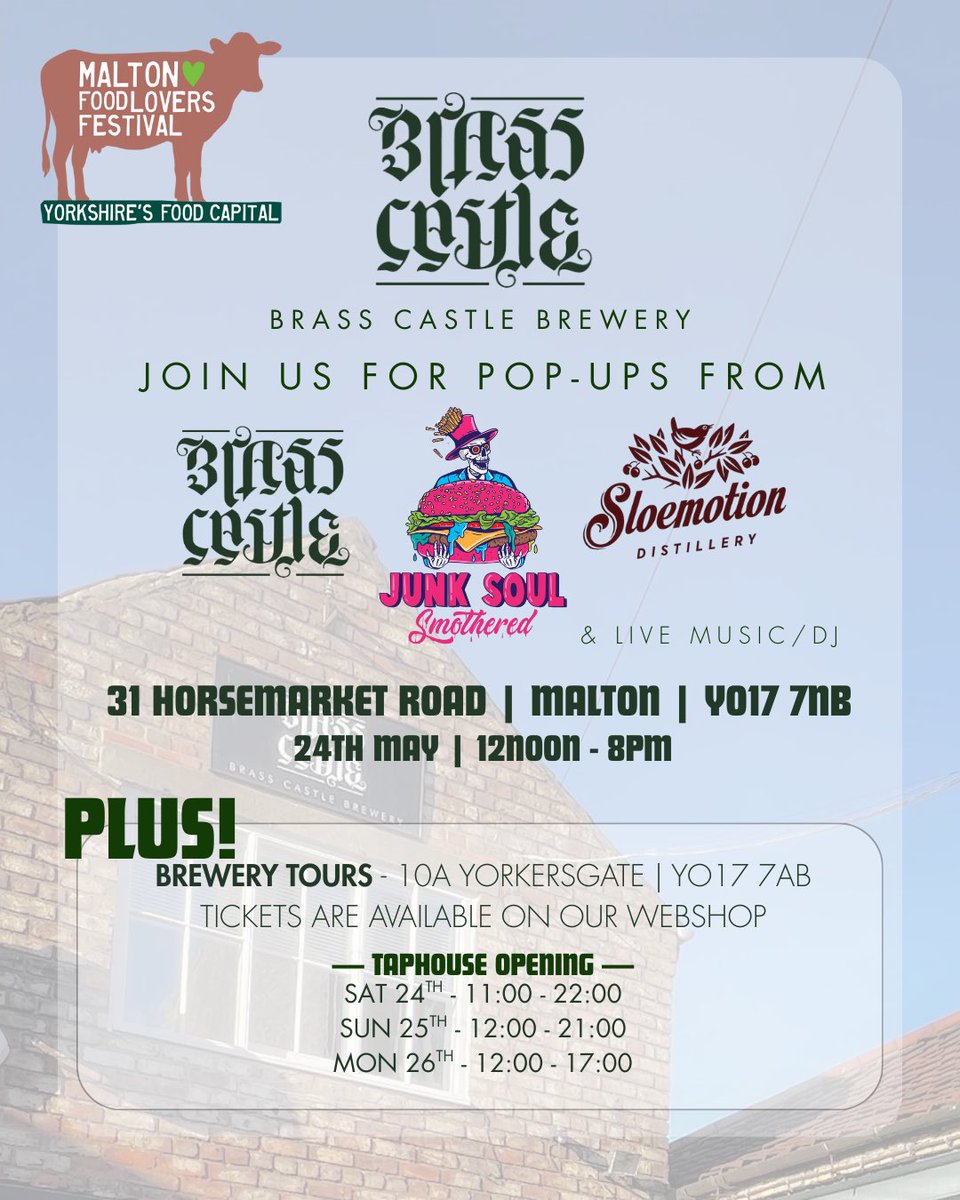 ✨SATURDAY 24TH MAY✨

Our Horsemarket Road warehouse is hosting Junk Soul Smothered &amp; Sloemotion Distillery pop-ups with live music &amp; a DJ from 12:00-20:00. 

We’re also hosting brewery tours at our Yorkersgate brewhouse, tickets are available here: brasscastle.co.uk/shop/p/id3xasb….