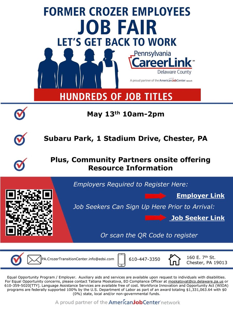 Crozer Health employees: Pennsylvania CareerLink – Delaware County is hosting a job fair on Tuesday, May 13th at Subaru Park in Chester.  More than 165 companies are attending!
 
For more info and to register:  pacareerlinkdelco.org/crozer-former-…