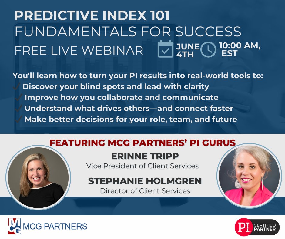 mcgpartners's tweet image. Already using #PredictiveIndex?
Join our free June 4 webinar (for PI clients only) to learn how to lead smarter and connect faster.
Register: mcgpartners.zoom.us/meeting/regist… 
#Leadership #WorkSmarter #MCGPartners