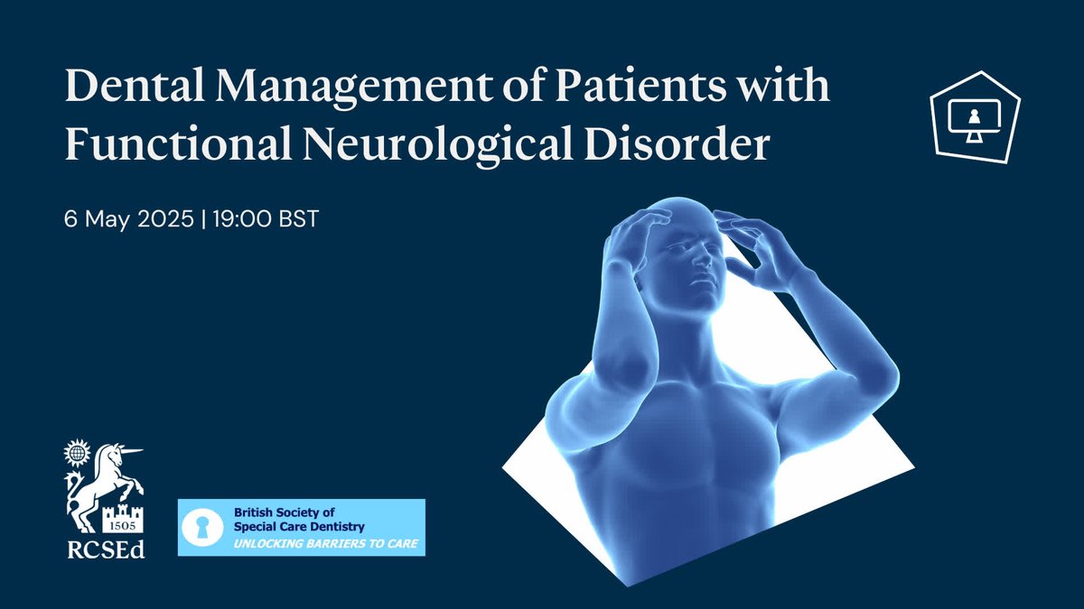 The Royal College of Surgeons of Edinburgh (@rcsed) on Twitter photo Join us for the first webinar in our Special Care Dentistry series in collaboration with <a href="/BSSCD_uk/">British Society of Special Care Dentistry</a>. The session will focus on the aetiology, symptoms and management of Functional Neurological Disorders (FND) and the implications on oral health.
Book here: bit.ly/44lQr6y Join us for the first webinar in our Special Care Dentistry series in collaboration with <a href="/BSSCD_uk/">British Society of Special Care Dentistry</a>. The session will focus on the aetiology, symptoms and management of Functional Neurological Disorders (FND) and the implications on oral health.
Book here: bit.ly/44lQr6y