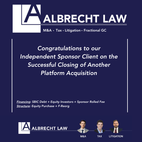 Elialbrecht's tweet photo. I remember my first call with this Independent Sponsor - he had an unconventional background for a Sponsor, but I saw right away he had two critical skills, (1) an uncanny ability to connect with people and gain trust through being genuine and honest, and (2) the ability to address challenges with creative solutions.  

I remember I told him, don't worry, I'll walk you through everything else.  

Since then, we have grown together. We gathered an incredible team around him - other people who are also talented in unique ways.  

Yesterday, we closed another platform acquisition for this Indy Sponsor team.

Watching and participating in the group's success has been deeply gratifying and rewarding.  I am very grateful to our incredible team, @JoshuaASiegel, Anthony Desiderio (incredible M&A lawyer working alongside me on every deal), and Marina Pittano Jones (M&A paralegal, who is an essential part of our team) - each dedicated themselves to helping this client succeed.  

We did not need @RitterLawyer for Litigation, but we know he is ready and waiting if we need him.