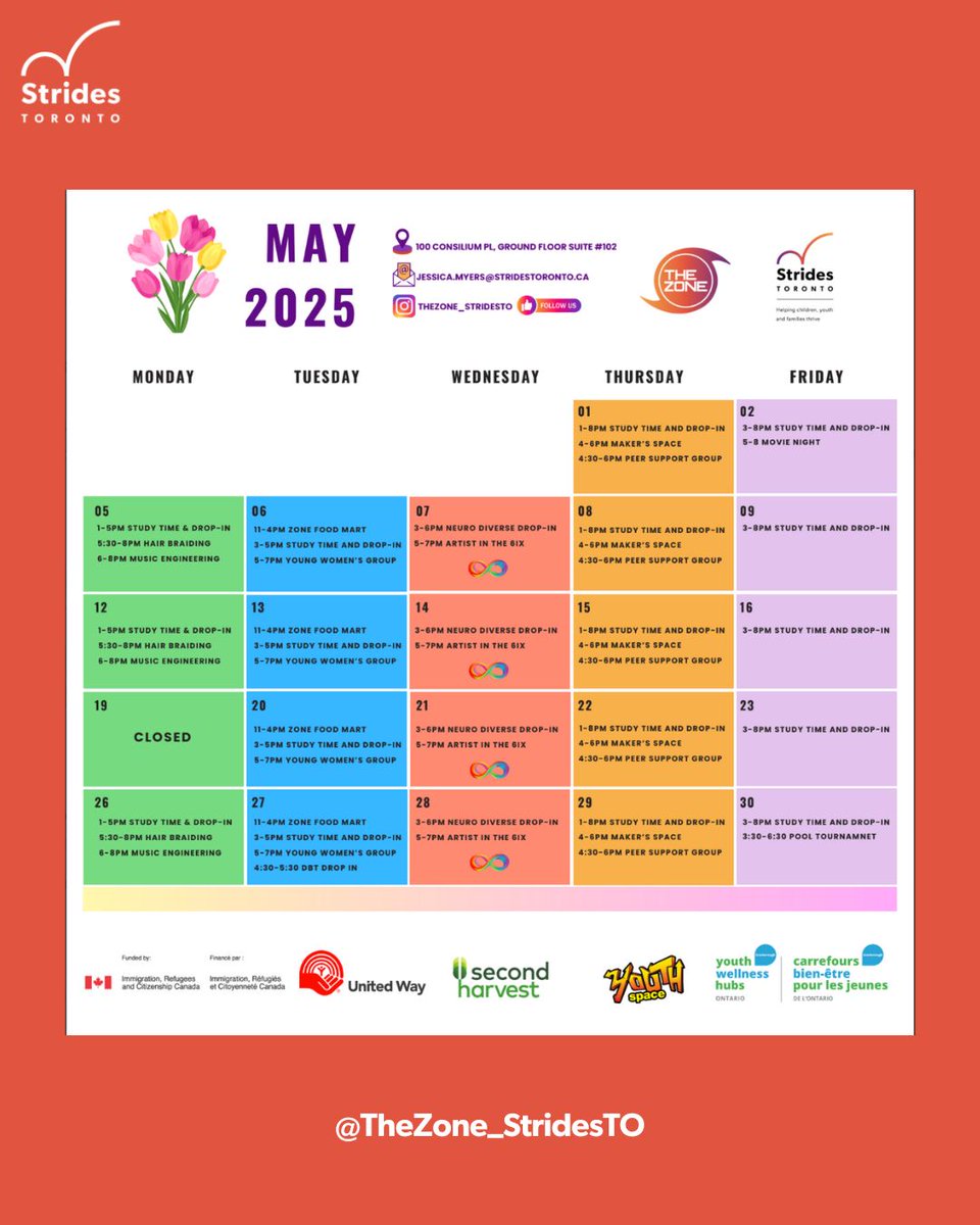 stridesTO's tweet image. Wondering what's happening around #StridesTO during the month of May? Swipe to see The Zone and Newcomer Youth Program May Calendars! #YouthPrograms #ScarbTO #ScarboroughYouth #YouthMentalHealth #Scarborough #YouthDropIn