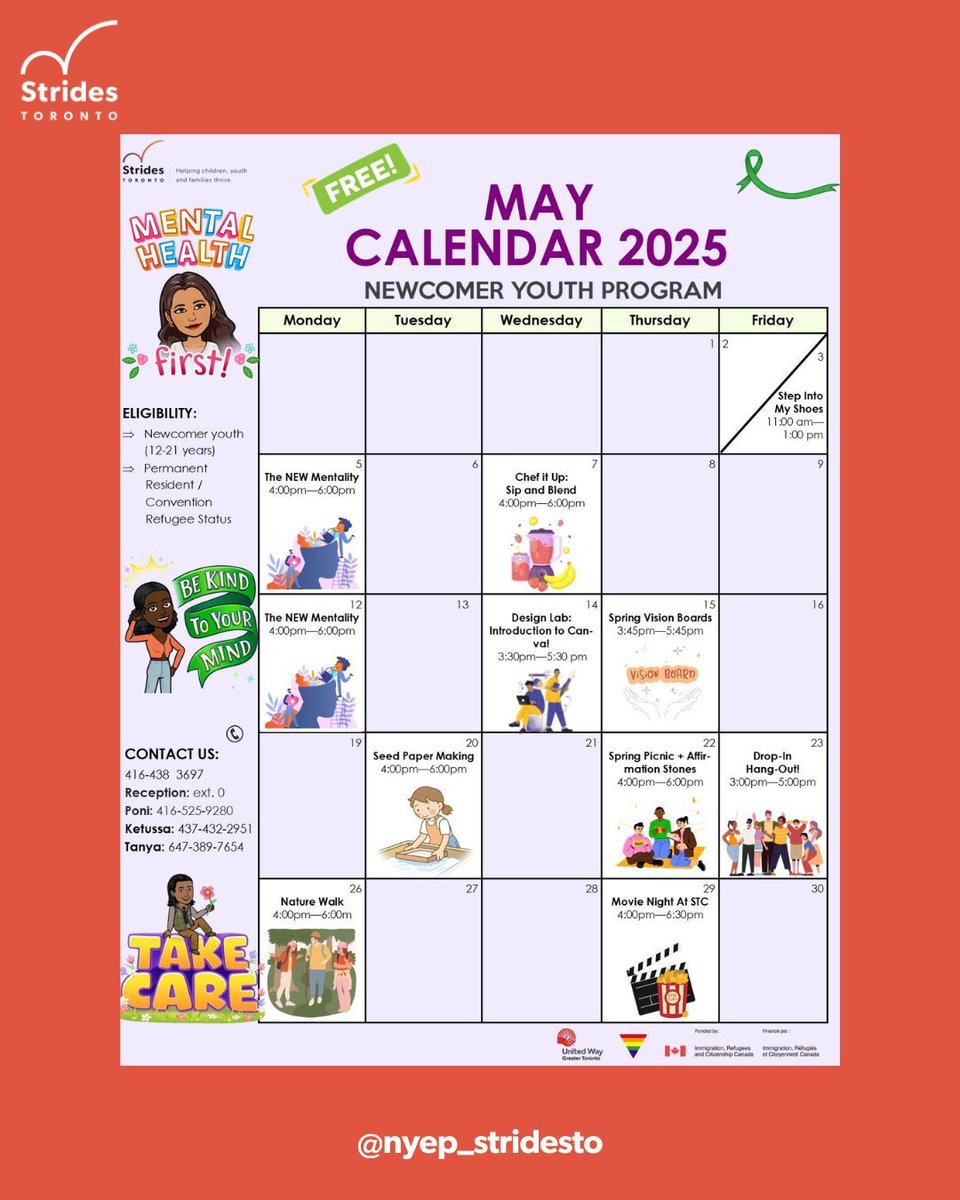 stridesTO's tweet image. Wondering what's happening around #StridesTO during the month of May? Swipe to see The Zone and Newcomer Youth Program May Calendars! #YouthPrograms #ScarbTO #ScarboroughYouth #YouthMentalHealth #Scarborough #YouthDropIn
