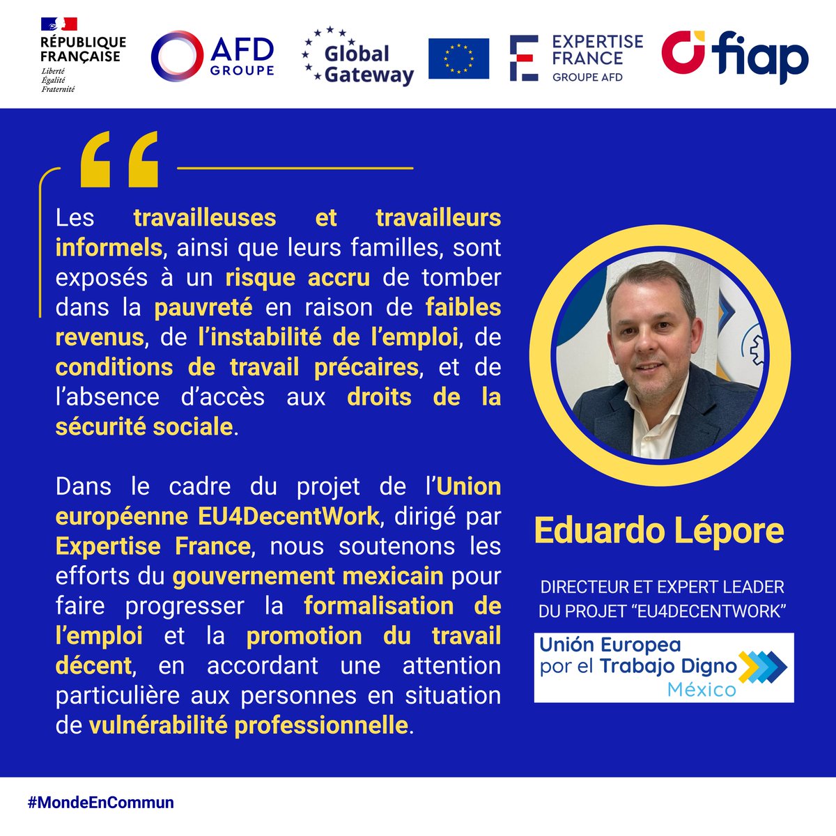 💼Jeudi, c'était la #JournéeDuTravail : zoom sur le projet EU4DecentWork à travers les paroles d'Eduardo Lépore

Financé par <a href="/EU_Partnerships/">EU International Partnerships 🇪🇺</a>, le projet promeut la réglementation du travail, participe au renforcement des institutions locales qui facilitent l’accès à la sécurité