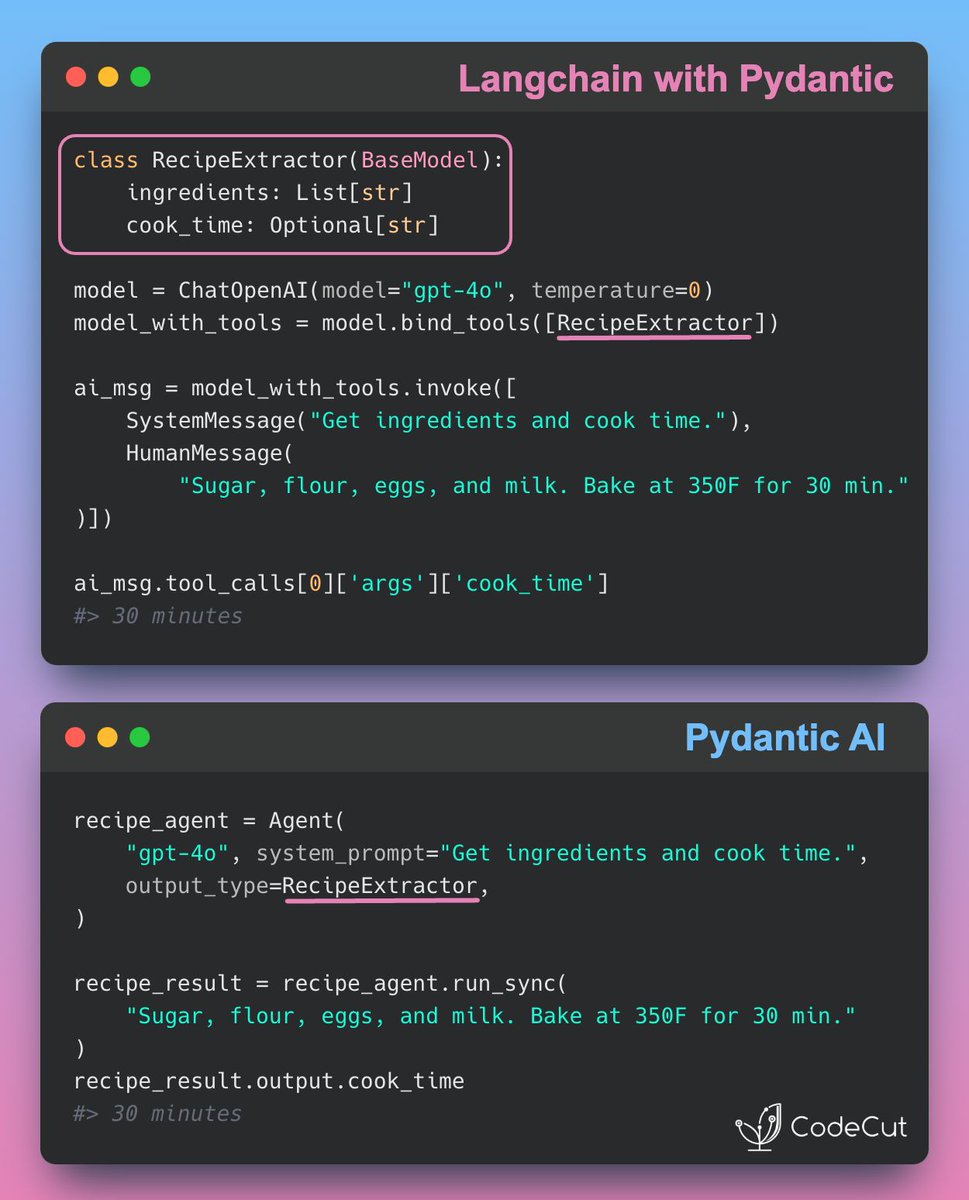 KhuyenTran16's tweet image. #LangChain requires manual extraction from tool_calls, making it better for multi-step workflows.
#PydanticAI returns structured objects directly, ideal for simple, single-prompt tasks.
📕 View the full article: buff.ly/zKmS7je