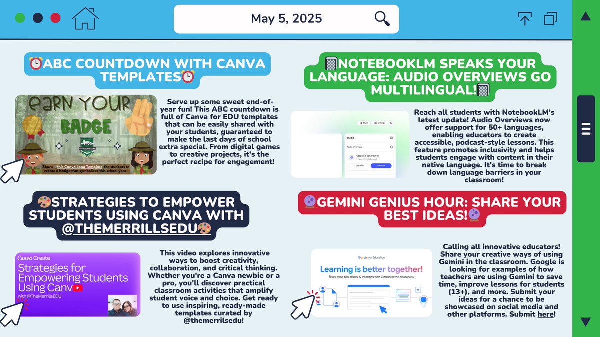 Megan Mongelli (@mongellimegan) on Twitter photo 👀Check out Megan's Megabytes: A Bit of Tech to Try!
🔗 teach.link/MegansMegabytes
⏰ ABC countdown templates using <a href="/CanvaEdu/">Canva for Education</a>
📓 <a href="/NotebookLM/">NotebookLM</a> audio overviews go multilingual!
🎨 Strategies to empower students from <a href="/themerrillsedu/">themerrillsedu 👓👗💚 #interACTIVEclass</a>
🔮 <a href="/GeminiApp/">Google Gemini App</a> genius hour: Share your best ideas! 👀Check out Megan's Megabytes: A Bit of Tech to Try!
🔗 teach.link/MegansMegabytes
⏰ ABC countdown templates using <a href="/CanvaEdu/">Canva for Education</a>
📓 <a href="/NotebookLM/">NotebookLM</a> audio overviews go multilingual!
🎨 Strategies to empower students from <a href="/themerrillsedu/">themerrillsedu 👓👗💚 #interACTIVEclass</a>
🔮 <a href="/GeminiApp/">Google Gemini App</a> genius hour: Share your best ideas!