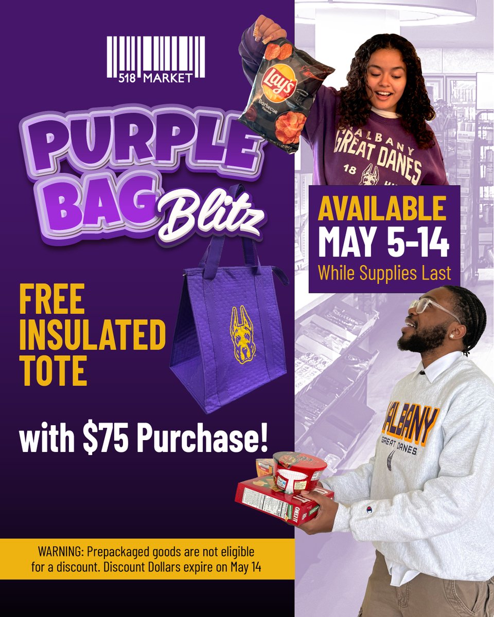 Head to 518 Market and use up your Discount Dollars to receive a 🆓 insulated tote bag with a 💲75+ purchase!

Reminder: Discount Dollars do not roll over from the spring to the fall semester! 🚫

This offer will be available May 5 - 14 while supplies last ‼️