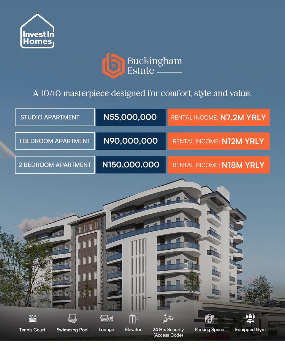 What if your apartment could pay you up to N18M every year?

That’s what you get at Buckingham Estate. Luxury apartments built not just for living, but for earning too.

Own a Studio, 1-Bedroom, or 2-Bedroom from just N55million and enjoy steady rental income every year.