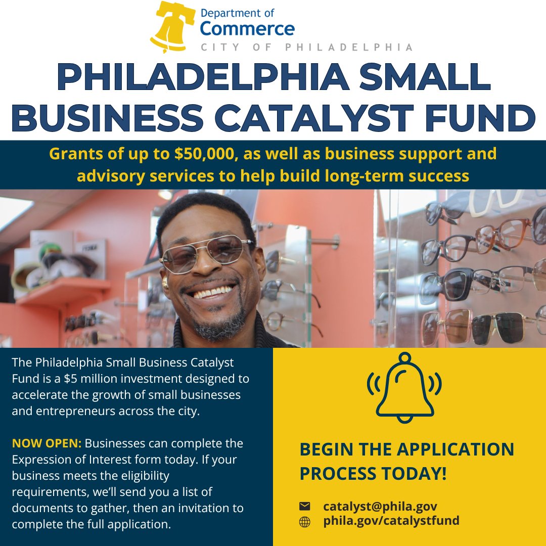 Great news! 👏 Businesses can now begin the application process for a grant of up to $50,000, as well as business support and advisory services. Complete the Philadelphia Small Business Catalyst Fund's Expression of Interest form today.

Learn more: phila.gov/catalystfund