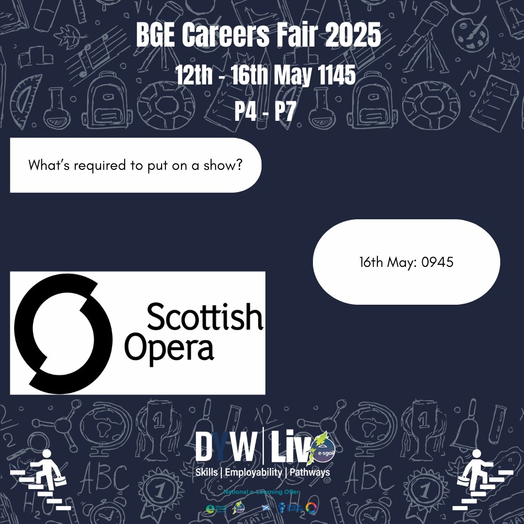 DYWLive (@dywlive) on Twitter photo Hear from the industry experts about their careers and pathways during our BGE Careers Fair
🔗e-sgoil.com/dyw-live/event…
<a href="/eSgoil/">e-Sgoil</a> <a href="/EducationScot/">Education Scotland</a> <a href="/ESskills/">EdScotSkills3-18</a> #NeLO <a href="/ScottishOpera/">Scottish Opera</a> <a href="/DYWScot/">DYW Scotland</a> Hear from the industry experts about their careers and pathways during our BGE Careers Fair
🔗e-sgoil.com/dyw-live/event…
<a href="/eSgoil/">e-Sgoil</a> <a href="/EducationScot/">Education Scotland</a> <a href="/ESskills/">EdScotSkills3-18</a> #NeLO <a href="/ScottishOpera/">Scottish Opera</a> <a href="/DYWScot/">DYW Scotland</a>