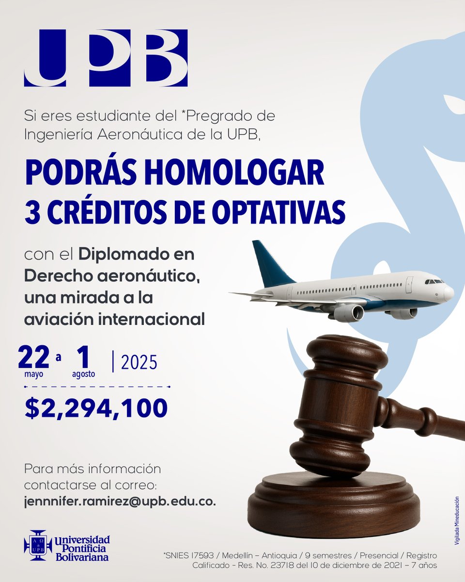 📷 Impulsa tu carrera desde las alturas
Con el Diplomado en Derecho Aeronáutico accede a una visión global de la  aviación y homologa 3 créditos optativos si estudias Ingeniería  Aeronáutica en la UPB. 📷goo.su/nQWW
#airlaw #derechoaeronautico #derechoaereo #derecho