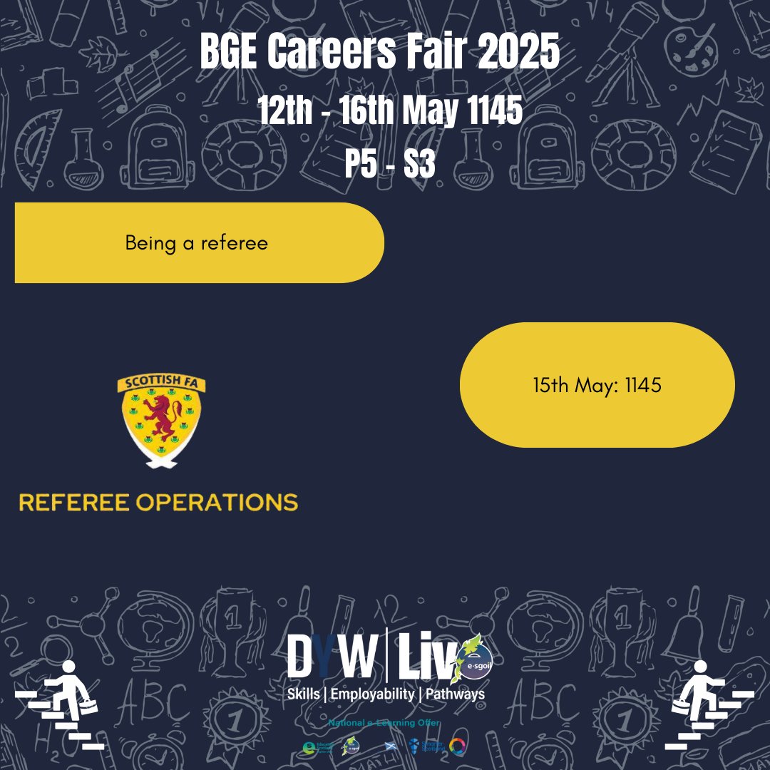 DYWLive (@dywlive) on Twitter photo Hear from the industry experts about their careers and pathways during our BGE Careers Fair
🔗e-sgoil.com/dyw-live/event…
<a href="/eSgoil/">e-Sgoil</a> <a href="/EducationScot/">Education Scotland</a> <a href="/ESskills/">EdScotSkills3-18</a> #NeLO <a href="/ScottishFA/">Scottish FA</a> <a href="/ScottishFA_YAOC/">Youth Ambassadors Of Change</a> <a href="/DYWScot/">DYW Scotland</a> Hear from the industry experts about their careers and pathways during our BGE Careers Fair
🔗e-sgoil.com/dyw-live/event…
<a href="/eSgoil/">e-Sgoil</a> <a href="/EducationScot/">Education Scotland</a> <a href="/ESskills/">EdScotSkills3-18</a> #NeLO <a href="/ScottishFA/">Scottish FA</a> <a href="/ScottishFA_YAOC/">Youth Ambassadors Of Change</a> <a href="/DYWScot/">DYW Scotland</a>