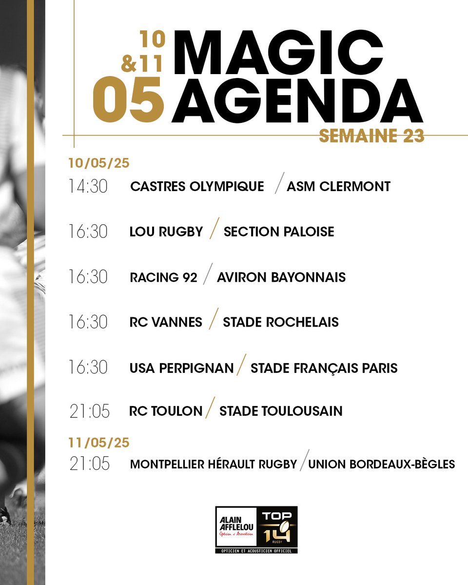 [TOP 14] Retrouvez le calendrier des prochaines rencontres du <a href="/top14rugby/">TOP 14 Rugby</a> ! 🏉 
<a href="/LNRofficiel/">Ligue Nationale de Rugby</a> #LNR #TOP14 #Rugby