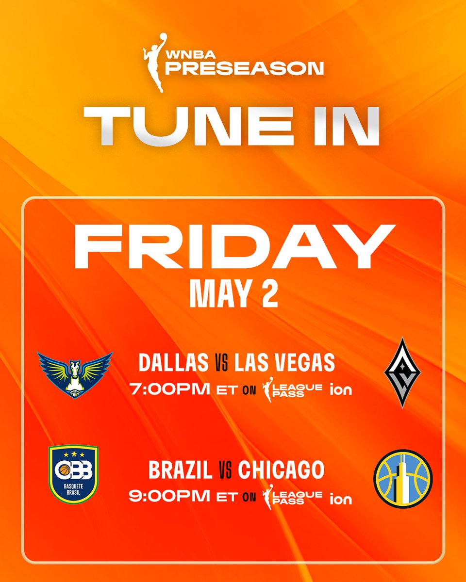 Preseason hoops tip off TONIGHT 🔥

Watch both games FREE on the WNBA App!
📲 7pm/ET — DAL vs. LVA
 wnba.onelink.me/yKxu/xq6wyaod
📲 9pm/ET — Brazil vs. CHI
 wnba.onelink.me/yKxu/14alev5m