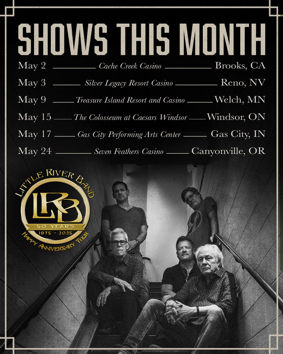You’ve made the 50th Happy Anniversary Tour one to remember—thank you! May’s up next and we can’t wait to see more of you out there this month!

🎟️: bit.ly/LRBTourDates25
#LittleRiverBand #HappyAnniversaryTour #OnTour