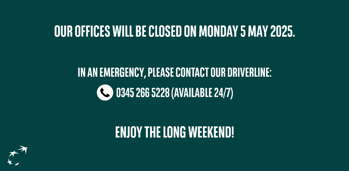 Arval_UK's tweet photo. As we head into the bank holiday weekend, we wanted to let you know that our social media team will be away and our offices will be closed on Monday 5 May.

In an emergency, our DriverLine (0345 266 5228) is always available 24/7. 

You can also find answers to some common questions on our website here 👇 

https://t.co/2myieU0NnZ