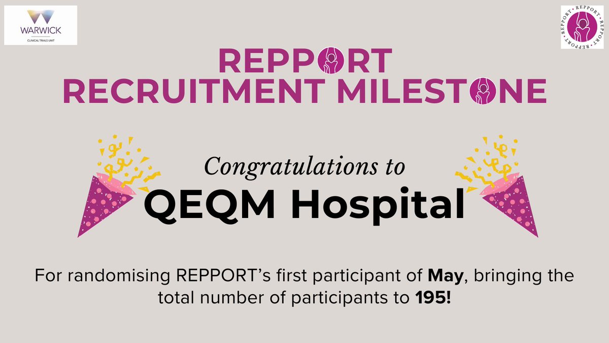 REPPORT (@repporttrial) on Twitter photo A huge thank you to the team at QEQM <a href="/EKHUFT/">East Kent Hospitals</a> for randomising our first participant of May🌼
Just 5 more randomisations to go until REPPORT reaches 200 participants ⏳
<a href="/AndyMetOrtho/">Andy Metcalfe</a> <a href="/TobyOSmith/">Toby Smith</a> <a href="/WarwickCTU/">Warwick CTU</a> A huge thank you to the team at QEQM <a href="/EKHUFT/">East Kent Hospitals</a> for randomising our first participant of May🌼
Just 5 more randomisations to go until REPPORT reaches 200 participants ⏳
<a href="/AndyMetOrtho/">Andy Metcalfe</a> <a href="/TobyOSmith/">Toby Smith</a> <a href="/WarwickCTU/">Warwick CTU</a>