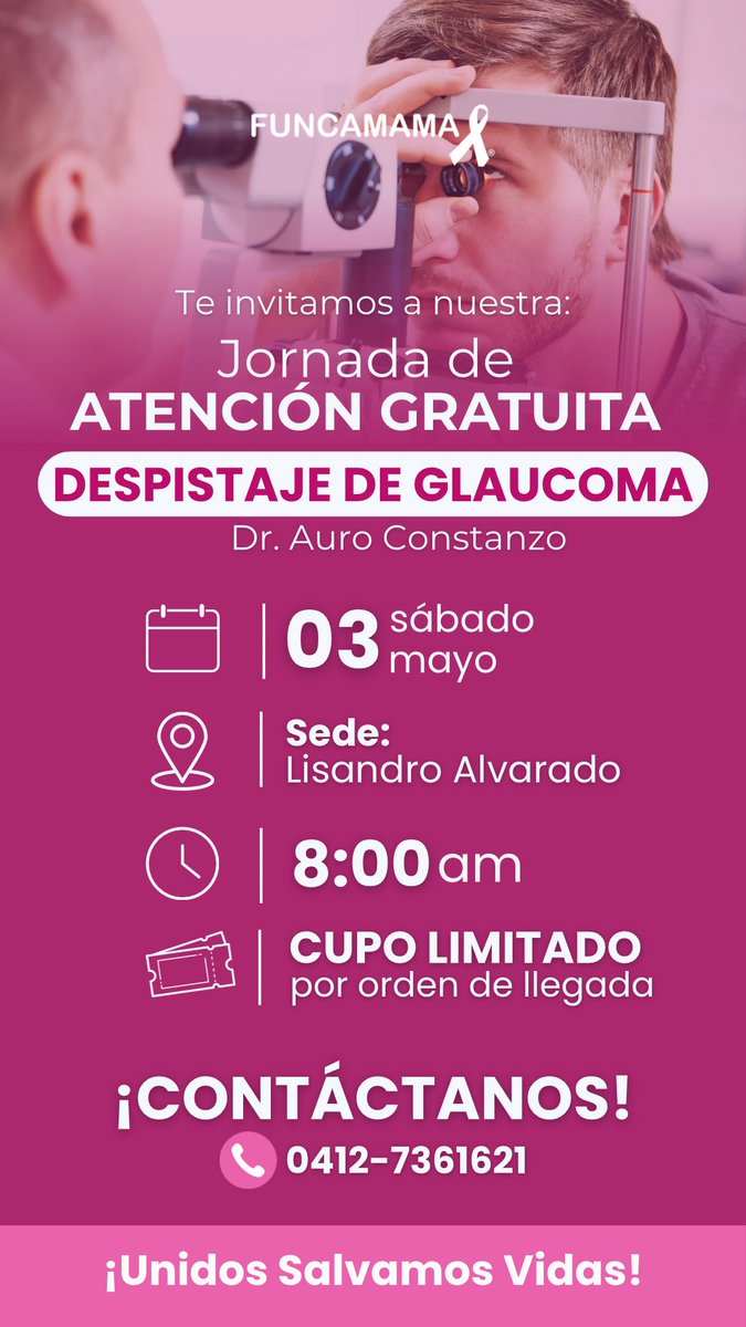 🗣️CORRE LA VOZ 

🩷Funcamama te invita a nuestra jornada de atención GRATUITA de despistaje de glaucoma con el Dr Auro Constanzo. 

🗓️Fecha: MAÑANA, sábado 03 de mayo. 
🕢A partir de las 8:00 am 
🎟️CUPO LIMITADO 

Te esperamos mañana!!!! UNIDOS SALVAMOS VIDAS 🩷