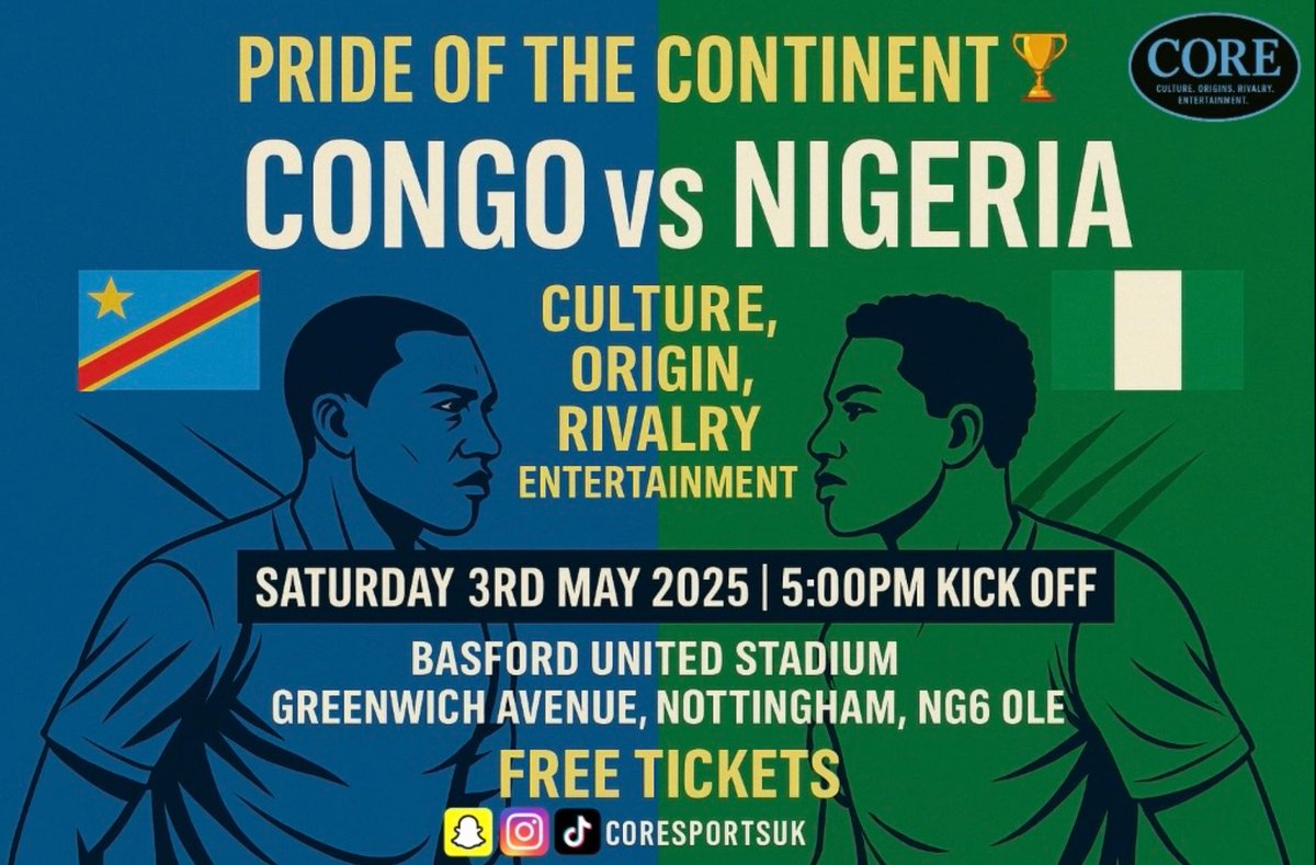 𝗧𝗢𝗠𝗢𝗥𝗥𝗢𝗪 𝗔𝗧 𝗚𝗥𝗘𝗘𝗡𝗪𝗜𝗖𝗛 𝗔𝗩𝗘𝗡𝗨𝗘

Join us this Saturday for the “Pride of the Continent” clash as Congo take on Nigeria.