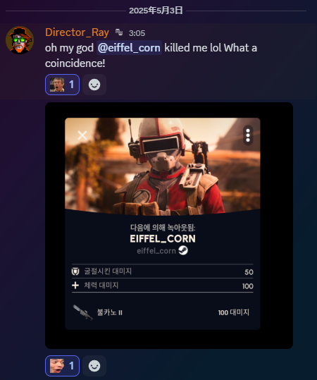 EIFFEL_CORN_'s tweet photo. 深夜に、The Midnight Walkers のディレクターとゲーム内でカチ合ってフルボッコに😂
#TheMidnightWalkers #ARCTRaiders #TPS #TechTest2
別のゲームで仲良い開発者に出会うの凄くハッピーな気持ちになった☺️
#偶然ハッピー https://t.co/oyc2YrW0m1