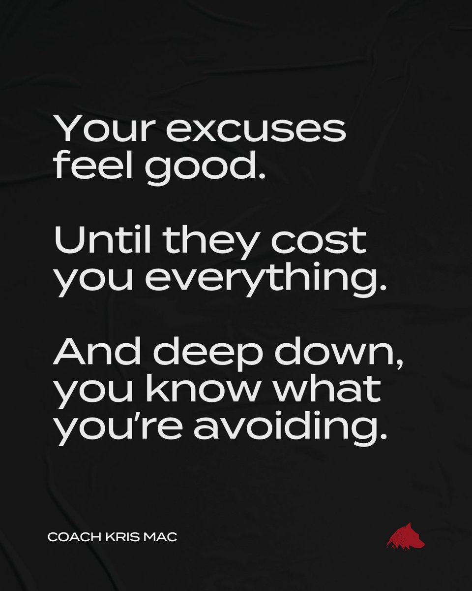 CoachKrisMac's tweet photo. Excuses feel safe.
But they erode your discipline from the inside out.

Every time you validate one,
you trade progress for comfort and you know it.

You’re not confused.
You’re avoiding reality.

And it’s costing you more than you think.

#UncagedDaily #OwnYourShit https://t.co/CD3Ct3oPrB
