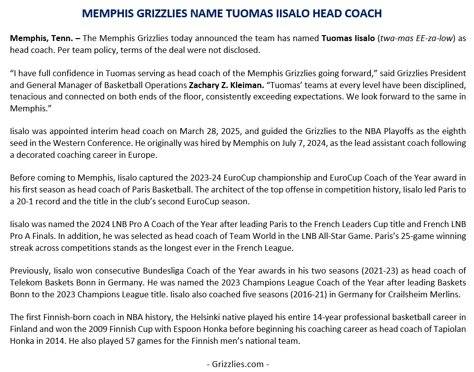 Grizzlies PR (@grizzliespr) on Twitter photo The <a href="/memgrizz/">Memphis Grizzlies</a> today announced the team has named Tuomas Iisalo as head coach. The <a href="/memgrizz/">Memphis Grizzlies</a> today announced the team has named Tuomas Iisalo as head coach.