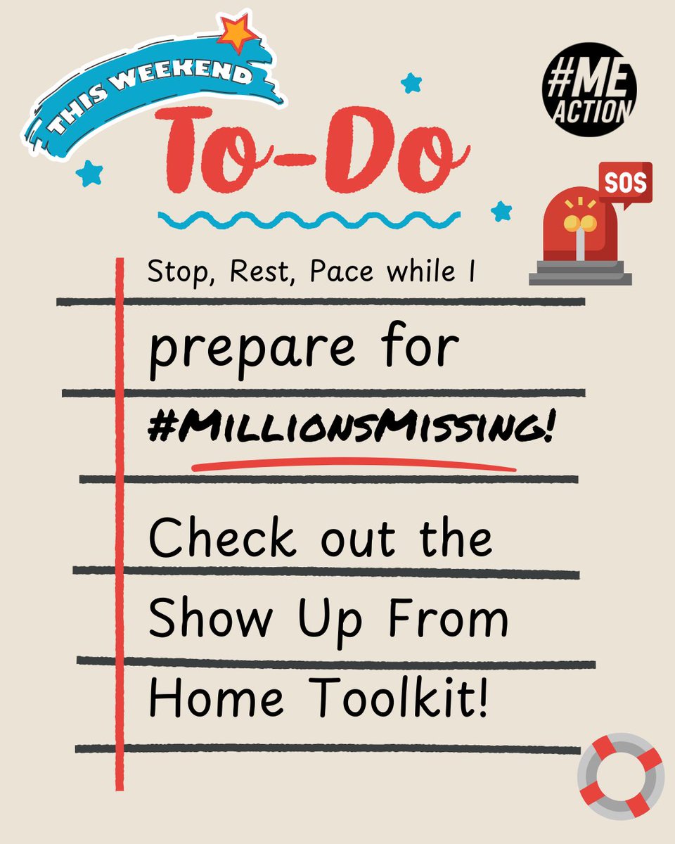MEActNet's tweet image. May 12th is coming soon! Time to prepare for #MillionsMissing! If your to do list this weekend looks like this, we can help! Just click on this toolkit: docs.google.com/document/d/1_f…

#DIsabilitySOS #PwME #MECFS #Weekend