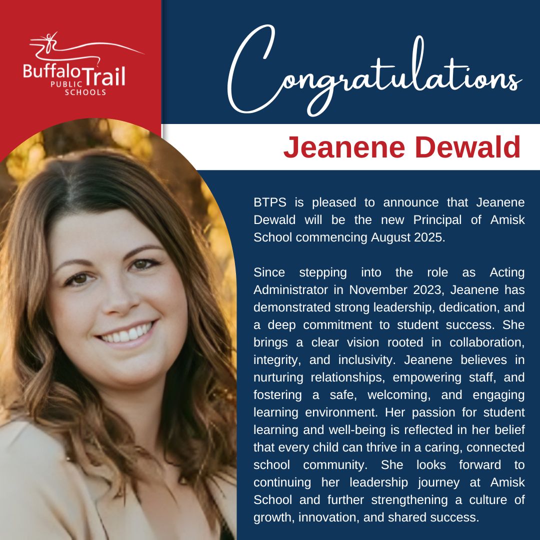 We’re pleased to announce that Jeanene Dewald has been appointed Principal of Amisk School starting August 2025! 

Her strong leadership and dedication to student success have made a lasting impact, and we’re excited for what’s ahead. 

Congratulations, Jeanene!