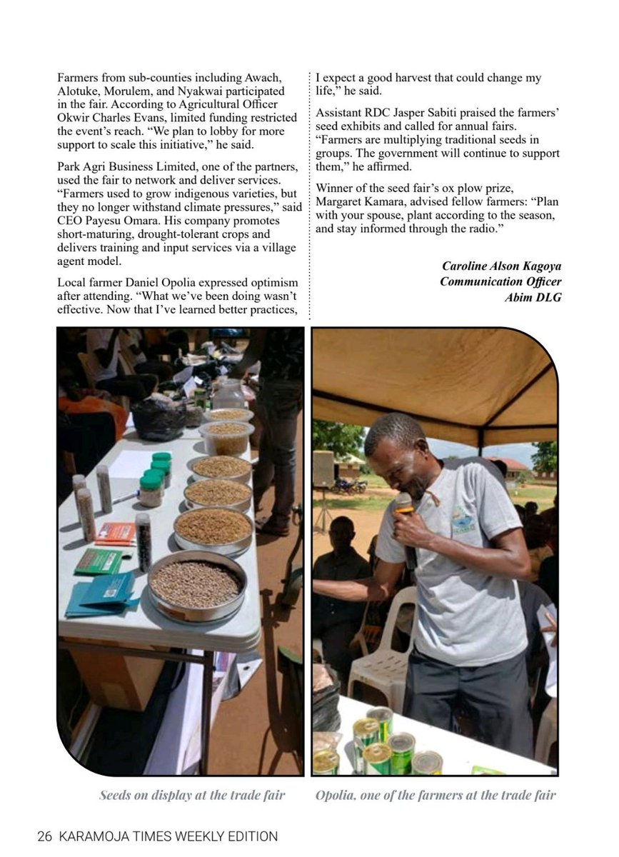 Seed Fair spurs climate - Smart Farming in Abim District 
#karamojatimes
<a href="/carolinealson/">Caroline Alson Kagoya.</a> 
<a href="/cnoahug/">Andrew Noah Chebet</a> 
<a href="/narouganda/">NARO Uganda</a> 
<a href="/MoLGUganda/">Ministry of Local Government</a>