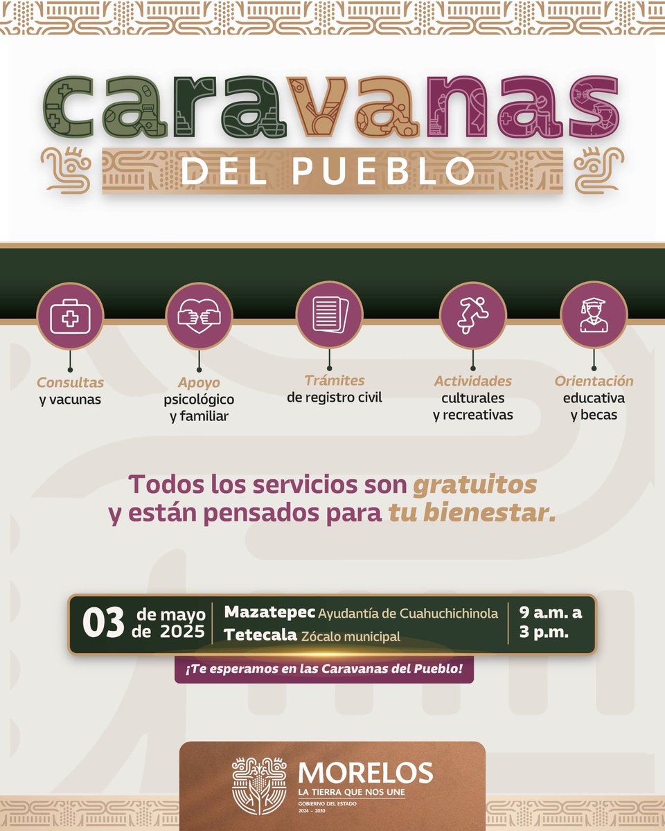 NotiExpres23's tweet photo. #02May Este sábado 03 de mayo, las Caravanas del Pueblo llegarán a #Tetecala y #Mazatepec para acercar más de 100 servicios y trámites gratuitos a la población, como parte del compromiso del Gobierno de “La Tierra que Nos Une”,desde las 09:00 hasta las 15:00 hrs @margarita_gs
👇🏻 https://t.co/WItseQcXse