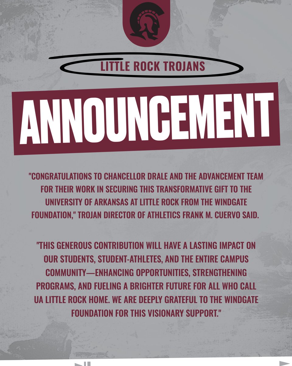 Little Rock Director of Athletics Frank M. Cuervo’s reaction to this morning’s announcement by Chancellor Drale regarding the Windgate Foundation’s gift to fund a transformational new scholarship program.

Read the full story below:

ualr.edu/news/2025/05/0…