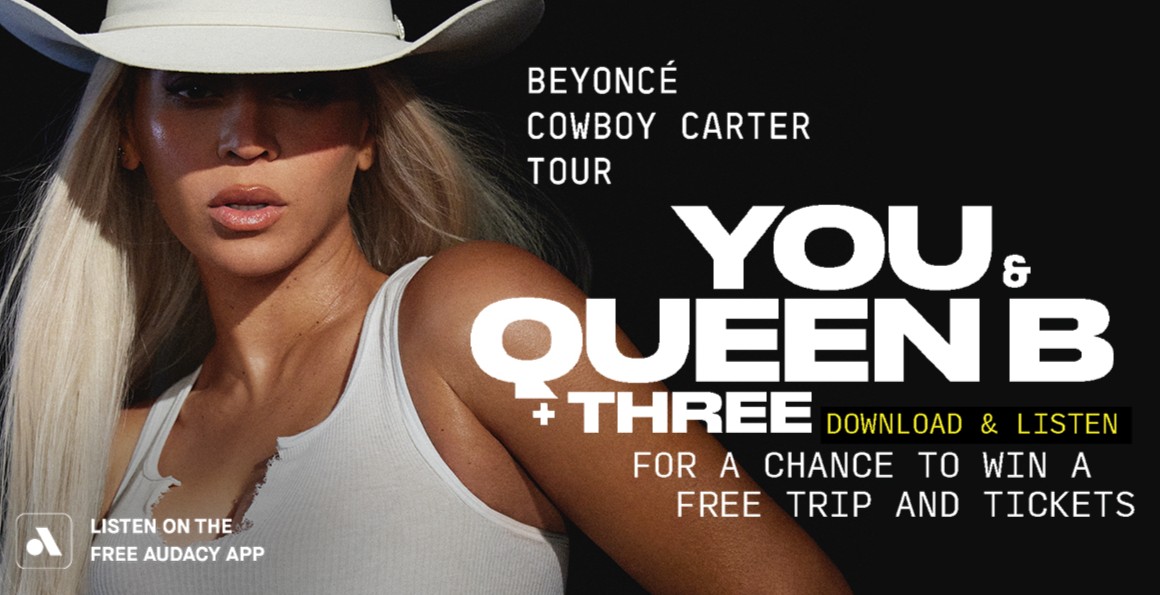 You could win a trip for you and three friends to see Beyonce in Houston, TX on June 28th including flights, hotel, and four tickets to the show 🤩 Download the free Audacy App and listen to B96 for 1 hour for your daily entry for a chance to win 📱 b96.com