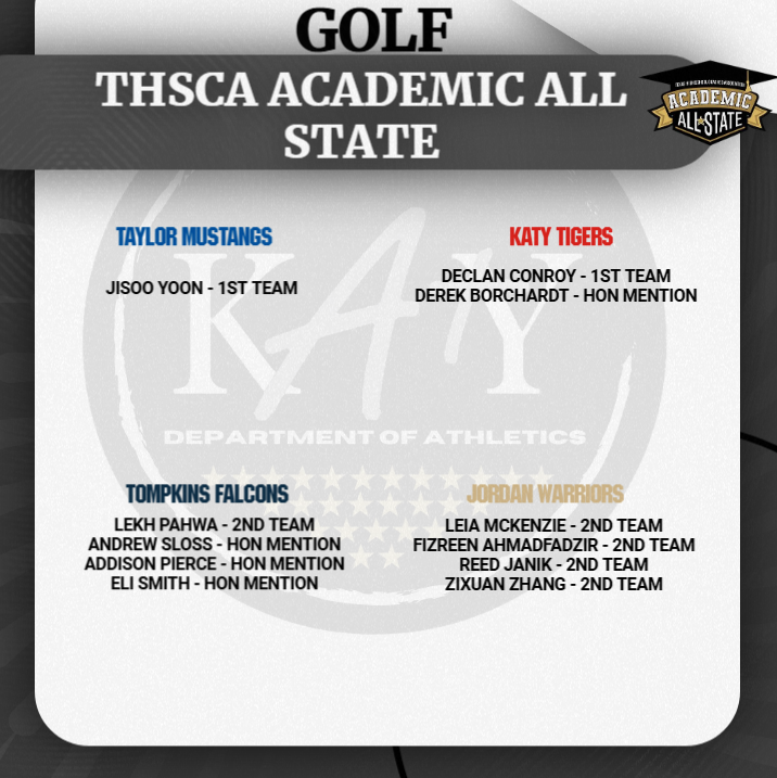 KatyISDAthletic's tweet photo. Congratulations to the athletes who were named to the THSCA Academic All State Golf Team! https://t.co/KmsI6sSQyT