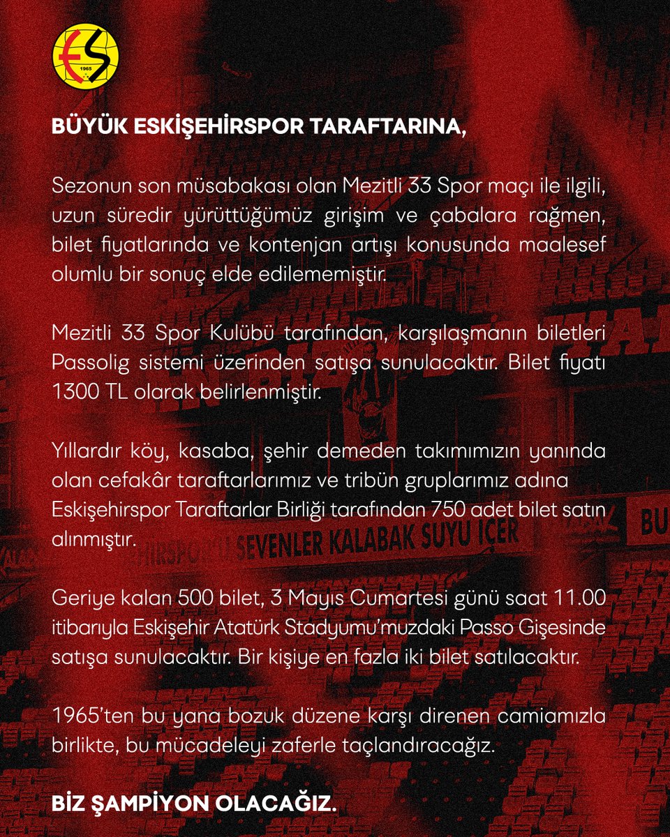 Büyük Eskişehirspor Taraftarına