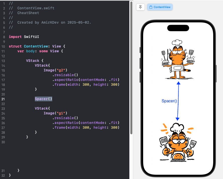 amirkdev's tweet photo. In SwiftUI, Spacer() in a VStack pushes views vertically apart.
In this layout, it places the two images at the top and bottom of the screen.
just clean, responsive spacing!
#SwiftTips https://t.co/T1KIsS4FL4