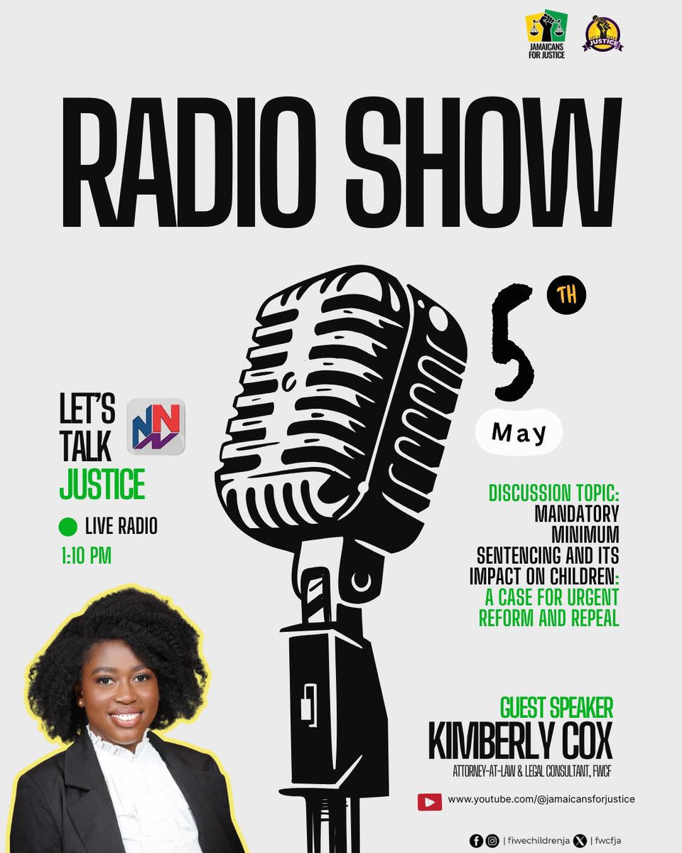 Fi We Children Foundation (@fwcfja) on Twitter photo Tune in Monday, May 5 @ 1:10 PM to hear our Legal Consultant, Kimberly Cox, on Letās Talk Justice with <a href="/JAForJustice/">Jamaicans For Justice (JFJ)</a> on <a href="/NationwideRadio/">Nationwide90FM</a> š»
Sheāll be breaking down the proposed mandatory minimum sentencing amendment and what it means for children in conflict with the law. Tune in Monday, May 5 @ 1:10 PM to hear our Legal Consultant, Kimberly Cox, on Letās Talk Justice with <a href="/JAForJustice/">Jamaicans For Justice (JFJ)</a> on <a href="/NationwideRadio/">Nationwide90FM</a> š»
Sheāll be breaking down the proposed mandatory minimum sentencing amendment and what it means for children in conflict with the law.