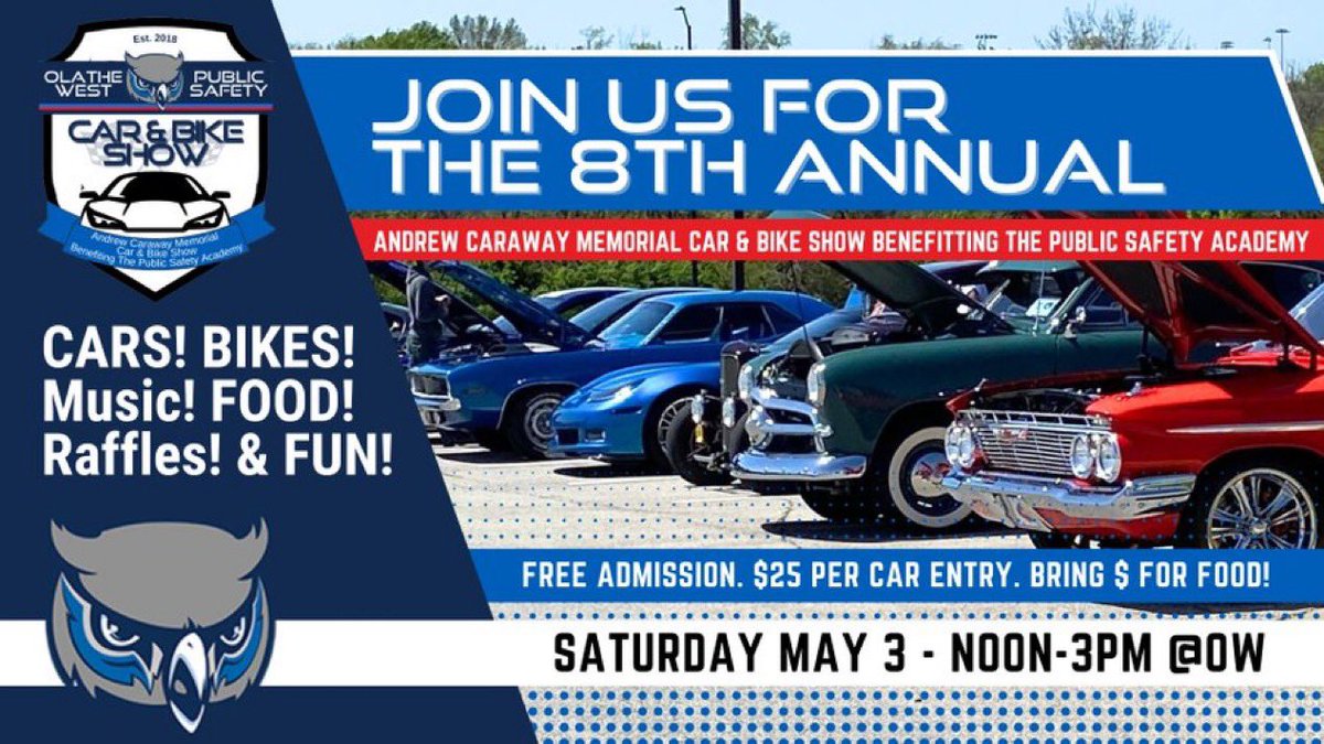OWPSAcademy's tweet photo. Looks like great weather for the Car Show Tomorrow! See you there! @OWNovacekOWLS @MaBlackOW @JoCoMedAct @OlatheFire @OlathePolice @OverlandPark_PD @JOCOSHERIFF @OlathePathways @USArmy @shawneeKSpolice @JoCo_Emergency @LenexaPolice @Olathe21st https://t.co/6dwvwqZ64P