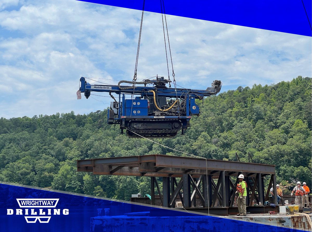 Wright_Concrete's tweet photo. Shoutout to our Wrightway Drilling crew for wrapping up a tough one on the Warrior River. They installed river dolphins using MCP3 2½" 150 KSI anchors, drilled 100' deep from a barge, and nailed every pull test. One shot to get it right—they crushed it. https://t.co/fdUvyQBemq