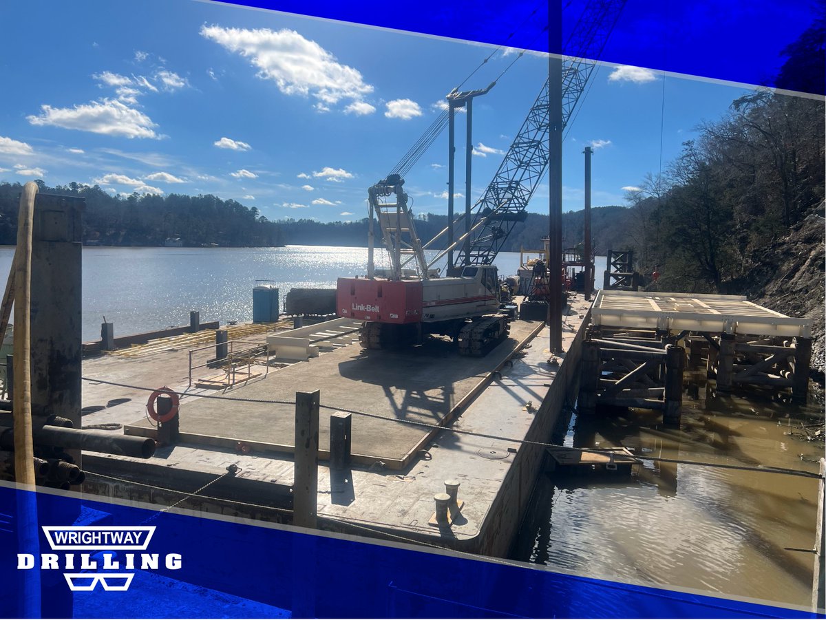 Wright_Concrete's tweet photo. Shoutout to our Wrightway Drilling crew for wrapping up a tough one on the Warrior River. They installed river dolphins using MCP3 2½" 150 KSI anchors, drilled 100' deep from a barge, and nailed every pull test. One shot to get it right—they crushed it. https://t.co/fdUvyQBemq